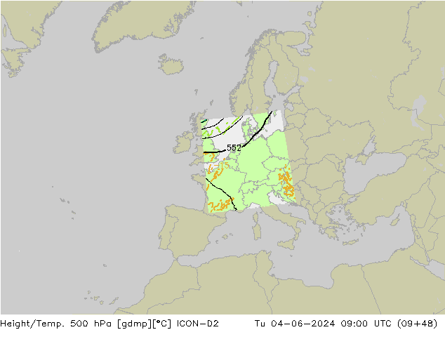 Height/Temp. 500 hPa ICON-D2 Tu 04.06.2024 09 UTC