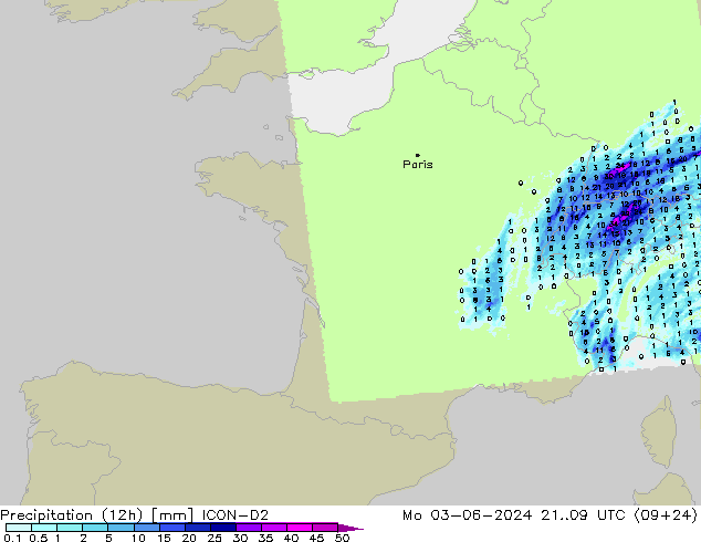 Precipitation (12h) ICON-D2 Mo 03.06.2024 09 UTC