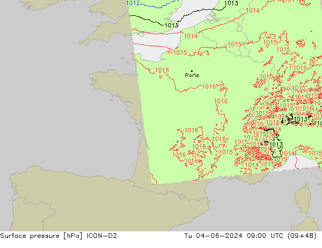 Surface pressure ICON-D2 Tu 04.06.2024 09 UTC