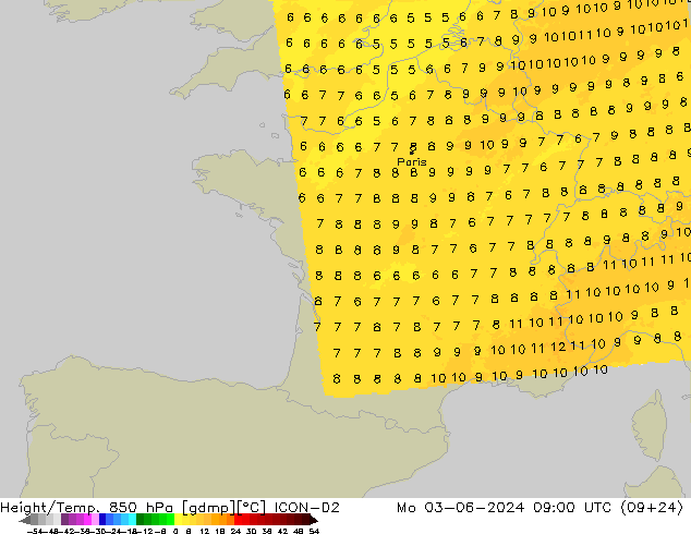 Height/Temp. 850 hPa ICON-D2 Mo 03.06.2024 09 UTC