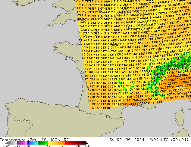 карта температуры ICON-D2 Вс 02.06.2024 10 UTC