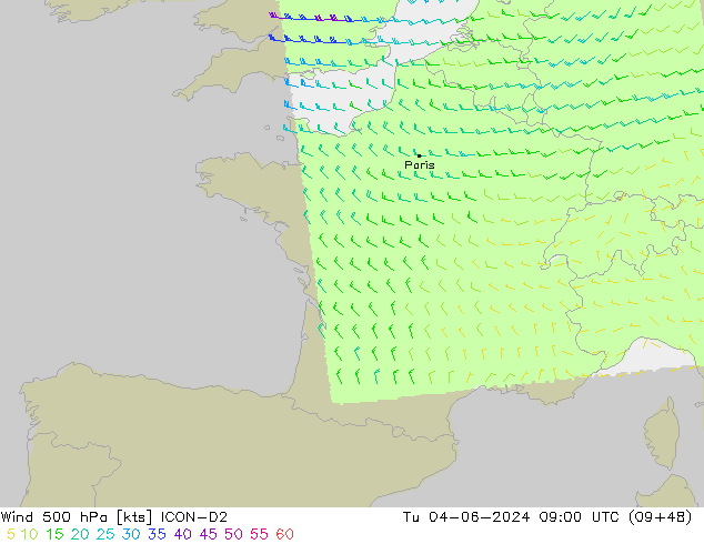 Vento 500 hPa ICON-D2 Ter 04.06.2024 09 UTC