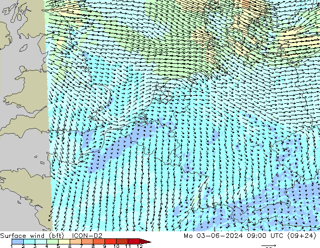  10 m (bft) ICON-D2  03.06.2024 09 UTC