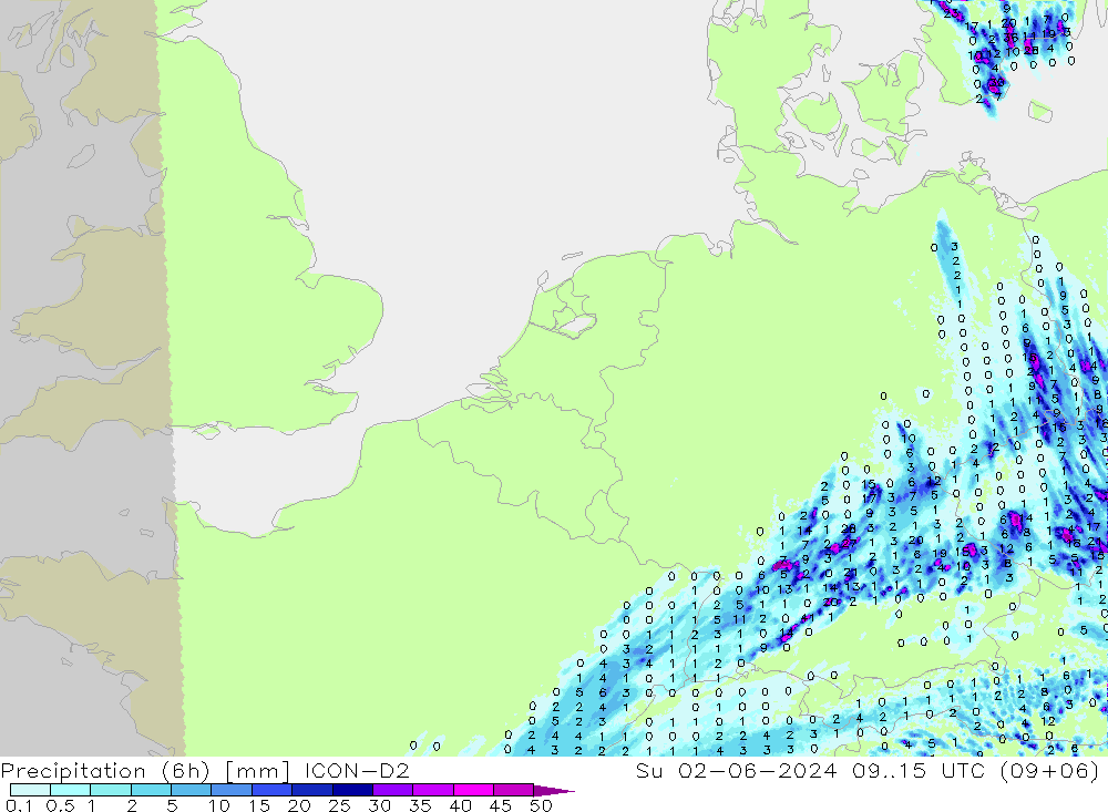Precipitation (6h) ICON-D2 Su 02.06.2024 15 UTC
