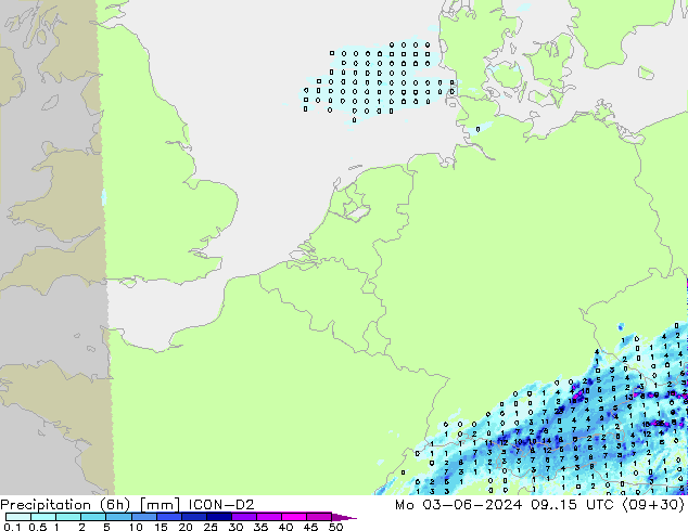 осадки (6h) ICON-D2 пн 03.06.2024 15 UTC