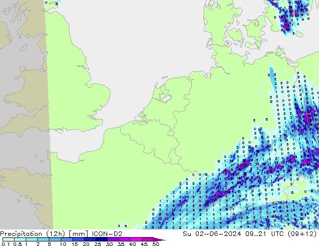 Totale neerslag (12h) ICON-D2 zo 02.06.2024 21 UTC