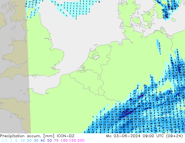 Précipitation accum. ICON-D2 lun 03.06.2024 09 UTC