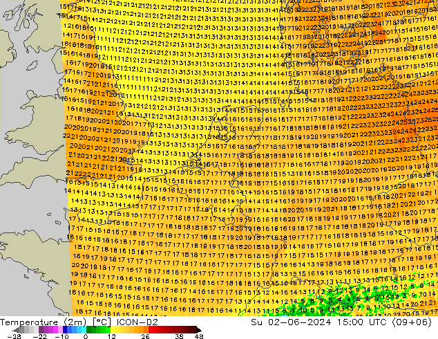 Temperature (2m) ICON-D2 Su 02.06.2024 15 UTC