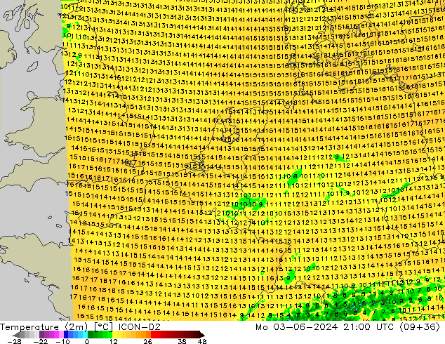 Temperatura (2m) ICON-D2 lun 03.06.2024 21 UTC