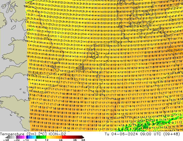 Temperature (2m) ICON-D2 Tu 04.06.2024 09 UTC