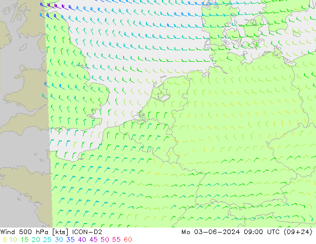 Wind 500 hPa ICON-D2 Mo 03.06.2024 09 UTC