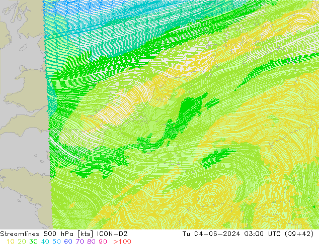 Linia prądu 500 hPa ICON-D2 wto. 04.06.2024 03 UTC