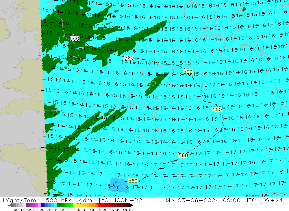 Height/Temp. 500 hPa ICON-D2 Po 03.06.2024 09 UTC