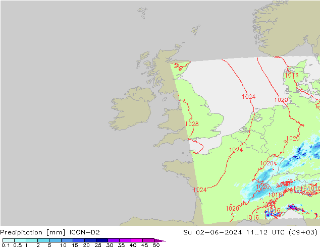 Precipitación ICON-D2 dom 02.06.2024 12 UTC