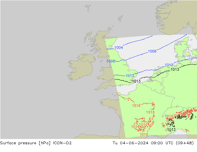 приземное давление ICON-D2 вт 04.06.2024 09 UTC
