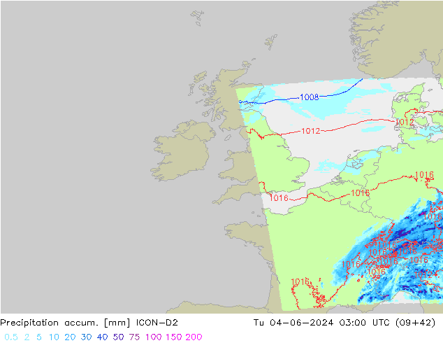 Precipitation accum. ICON-D2 Út 04.06.2024 03 UTC