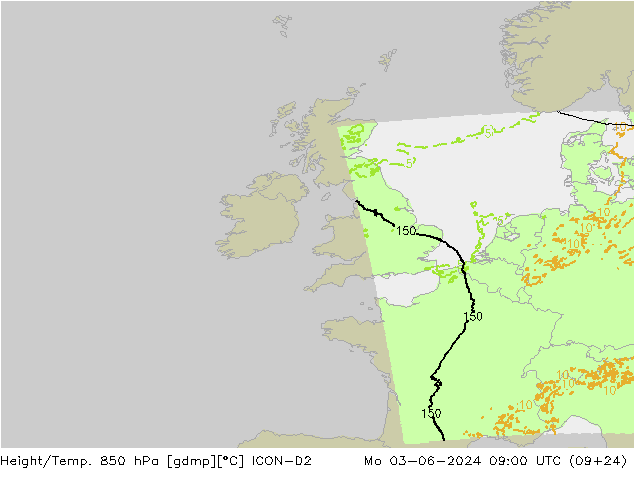 Height/Temp. 850 hPa ICON-D2 Mo 03.06.2024 09 UTC