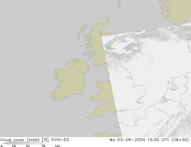 Cloud cover (total) ICON-D2 Po 03.06.2024 15 UTC