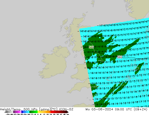 Height/Temp. 500 hPa ICON-D2 Mo 03.06.2024 09 UTC