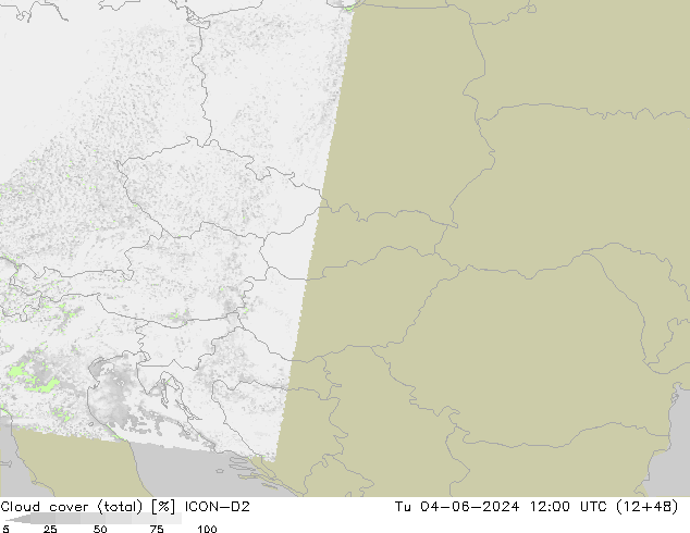 Cloud cover (total) ICON-D2 Tu 04.06.2024 12 UTC