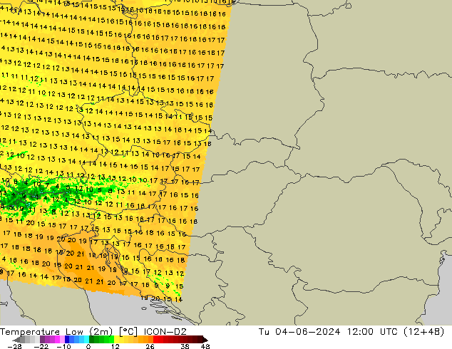 temperatura mín. (2m) ICON-D2 Ter 04.06.2024 12 UTC