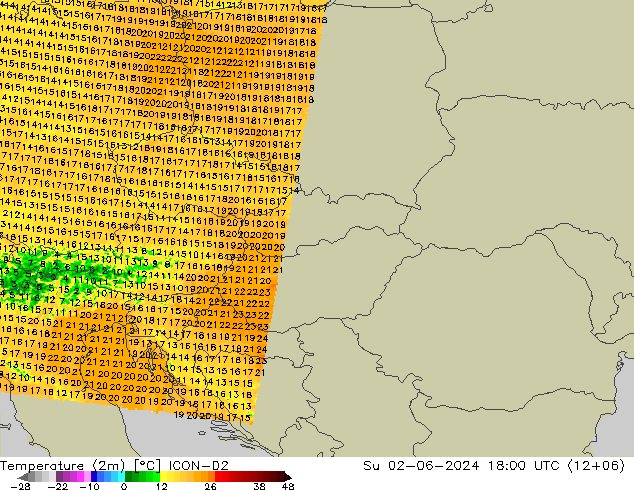 température (2m) ICON-D2 dim 02.06.2024 18 UTC
