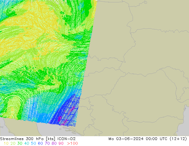 Línea de corriente 300 hPa ICON-D2 lun 03.06.2024 00 UTC