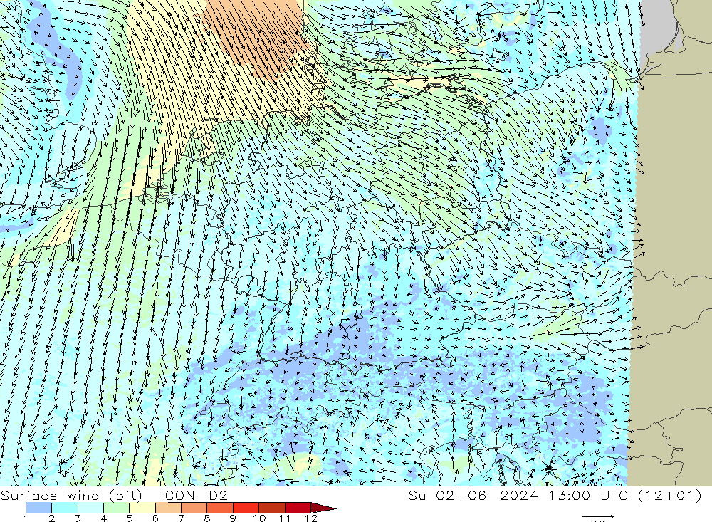 Wind 10 m (bft) ICON-D2 zo 02.06.2024 13 UTC