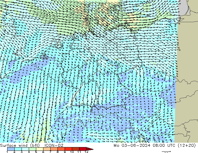 Surface wind (bft) ICON-D2 Mo 03.06.2024 08 UTC