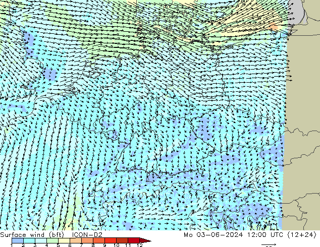 Wind 10 m (bft) ICON-D2 ma 03.06.2024 12 UTC
