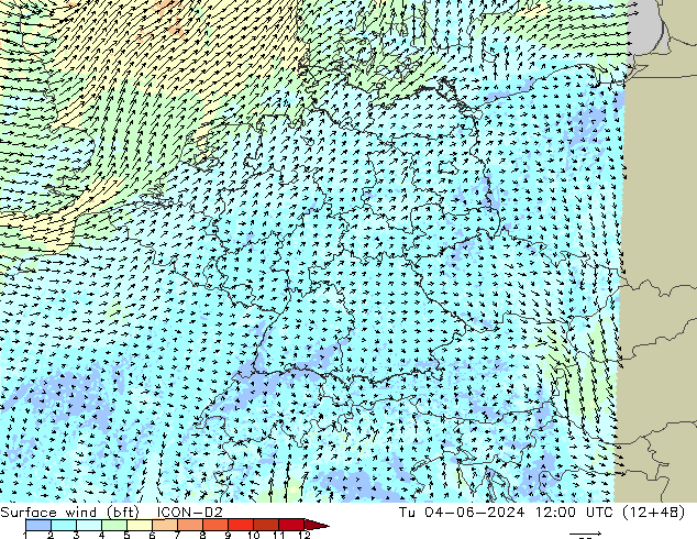  10 m (bft) ICON-D2  04.06.2024 12 UTC