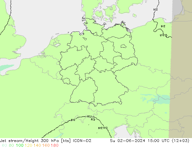 Jet stream/Height 300 hPa ICON-D2 Ne 02.06.2024 15 UTC