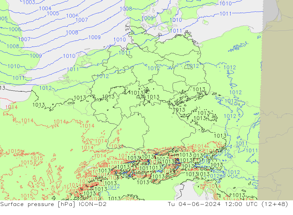 Bodendruck ICON-D2 Di 04.06.2024 12 UTC