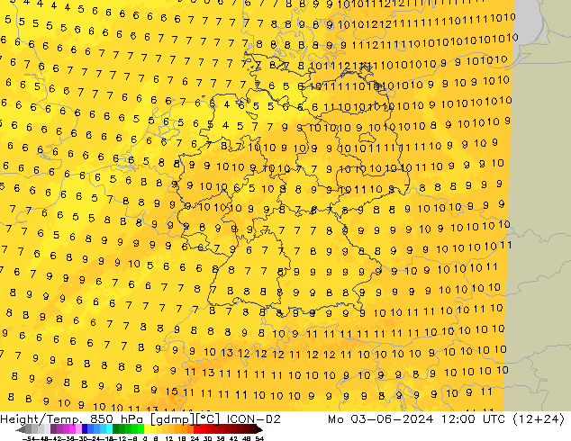 Height/Temp. 850 hPa ICON-D2 Mo 03.06.2024 12 UTC