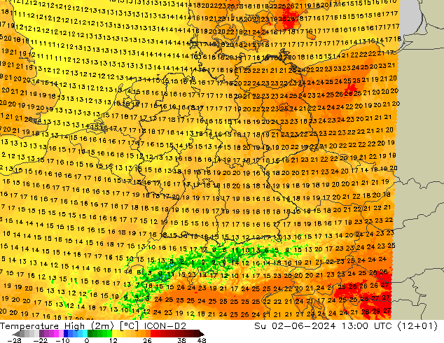 température 2m max ICON-D2 dim 02.06.2024 13 UTC