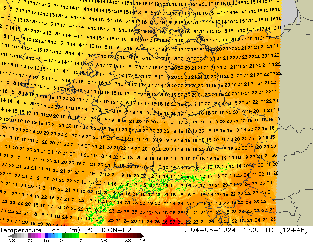 Nejvyšší teplota (2m) ICON-D2 Út 04.06.2024 12 UTC