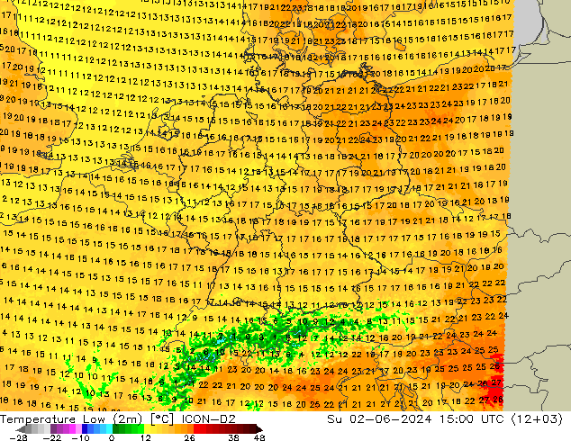 Min.temperatuur (2m) ICON-D2 zo 02.06.2024 15 UTC