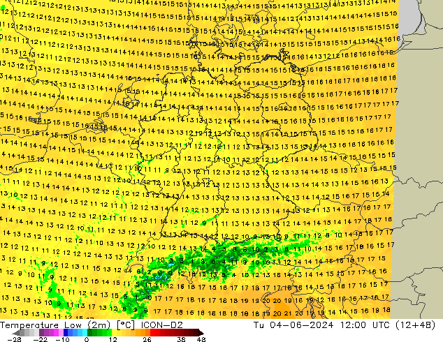 temperatura mín. (2m) ICON-D2 Ter 04.06.2024 12 UTC