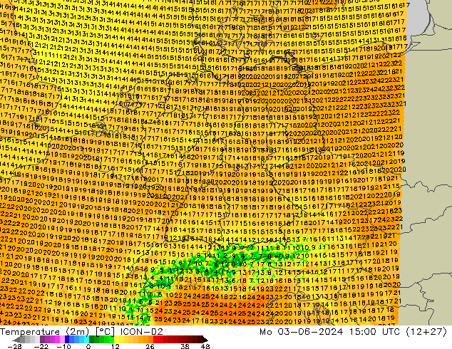 Temperaturkarte (2m) ICON-D2 Mo 03.06.2024 15 UTC