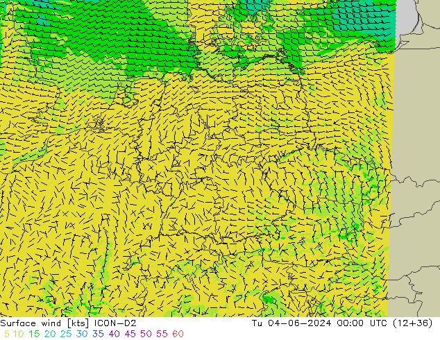 Viento 10 m ICON-D2 mar 04.06.2024 00 UTC