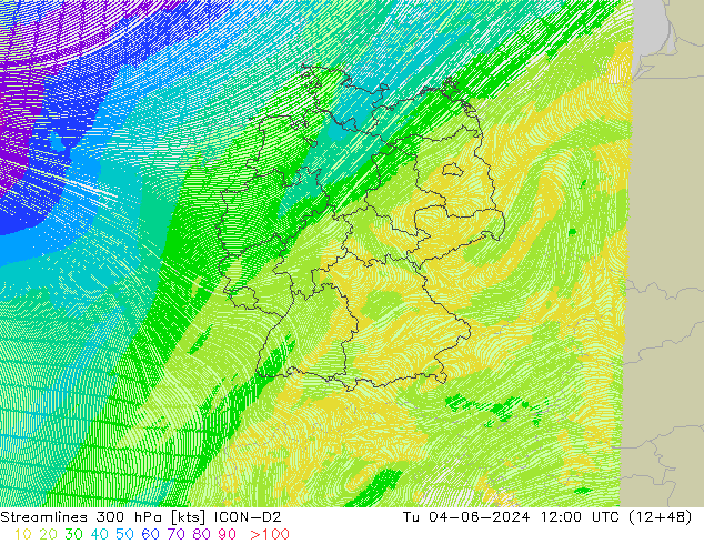 Streamlines 300 hPa ICON-D2 Út 04.06.2024 12 UTC