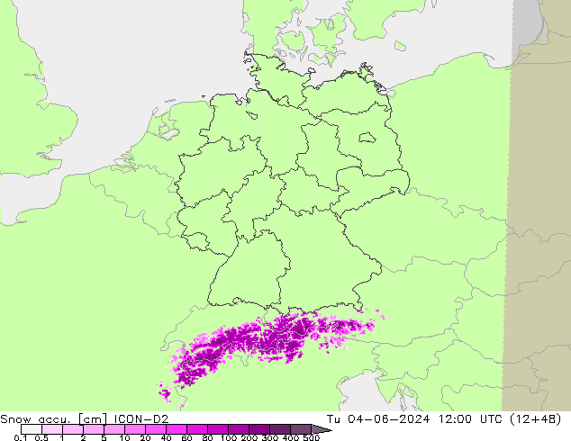 Schneemenge ICON-D2 Di 04.06.2024 12 UTC