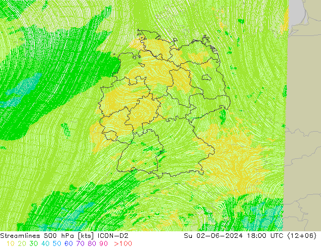 Ligne de courant 500 hPa ICON-D2 dim 02.06.2024 18 UTC