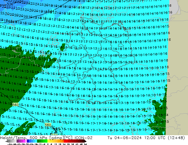 Hoogte/Temp. 500 hPa ICON-D2 di 04.06.2024 12 UTC