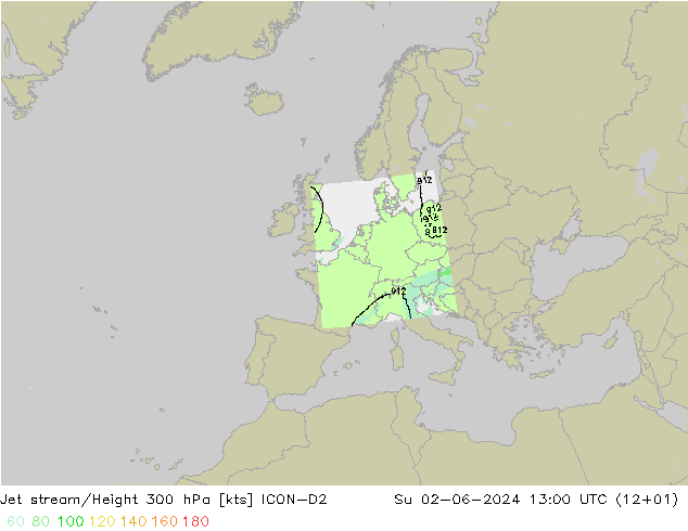 Corriente en chorro ICON-D2 dom 02.06.2024 13 UTC