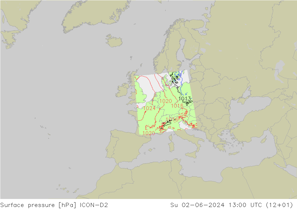 地面气压 ICON-D2 星期日 02.06.2024 13 UTC