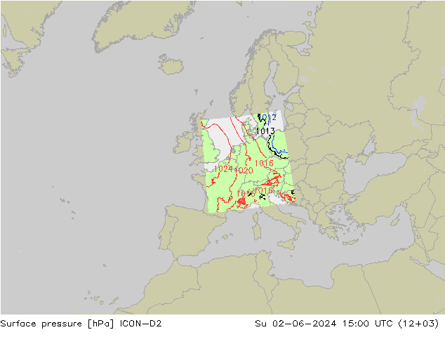 Luchtdruk (Grond) ICON-D2 zo 02.06.2024 15 UTC