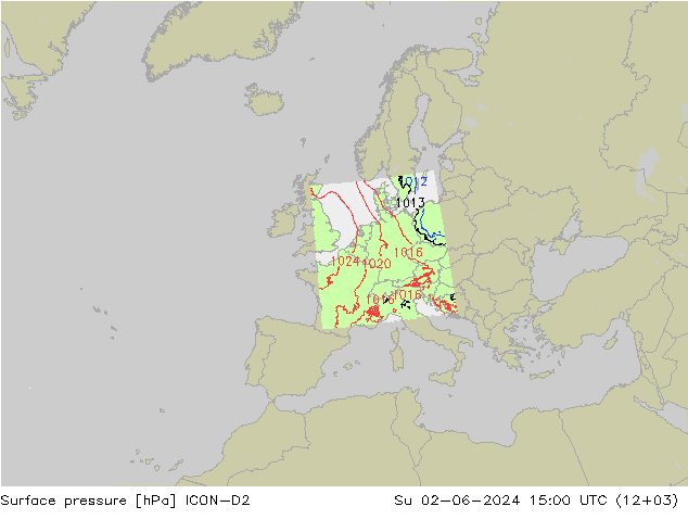 Pressione al suolo ICON-D2 dom 02.06.2024 15 UTC