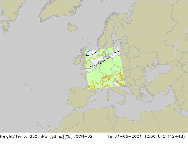 Height/Temp. 850 hPa ICON-D2 Tu 04.06.2024 12 UTC