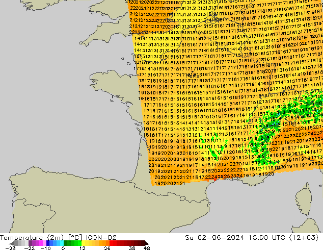 Temperature (2m) ICON-D2 Su 02.06.2024 15 UTC